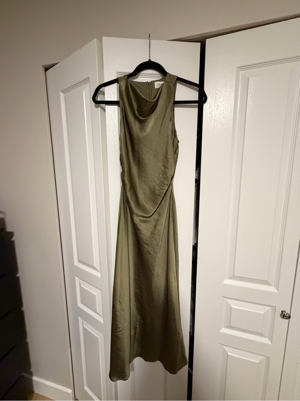 Aritzia Olive Satin Cowl Neck Maxi Dress